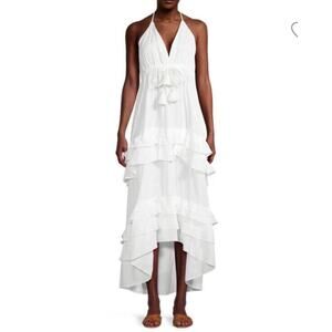 Milly Cabana Odalia White Ruffle Tiered Maxi Swim Cover Up Dress Small Halter